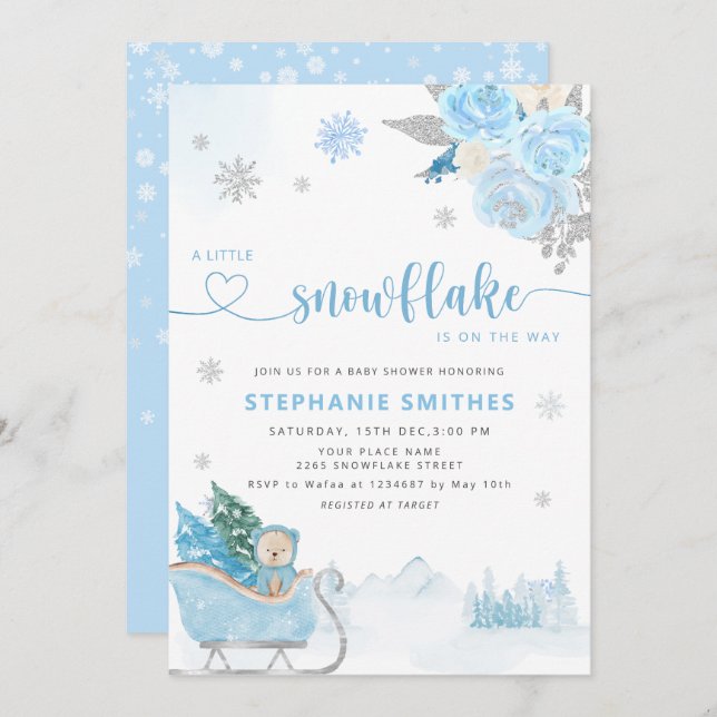 Little Snowflake Nalle Winter Baby Shower Boy Inbjudningar (Fram/baksida)