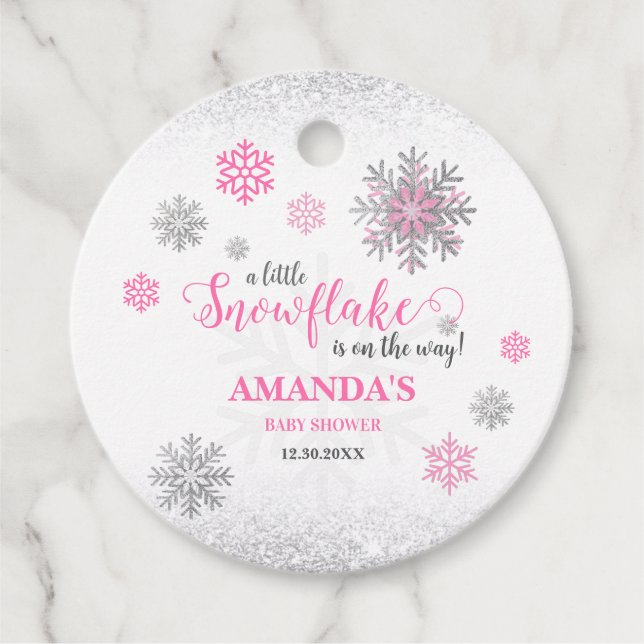 Little Snowflake Pink Silver Glittery Baby Shower  Gåvor Etiketter (Framsida)