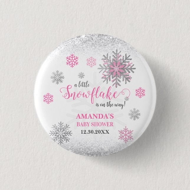 Little Snowflake Pink Silver Glittery Baby Shower  Knapp (Framsida)