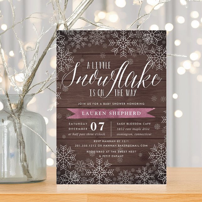 Little Snowflake Plum Rustic Wood Baby Shower Inbjudningar (Skapare uppladdad)