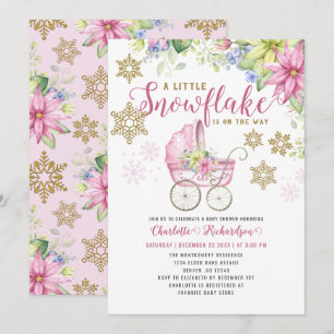 Little Snowflake Rosa Blommigt Barnvagn Baby Showe Inbjudningar