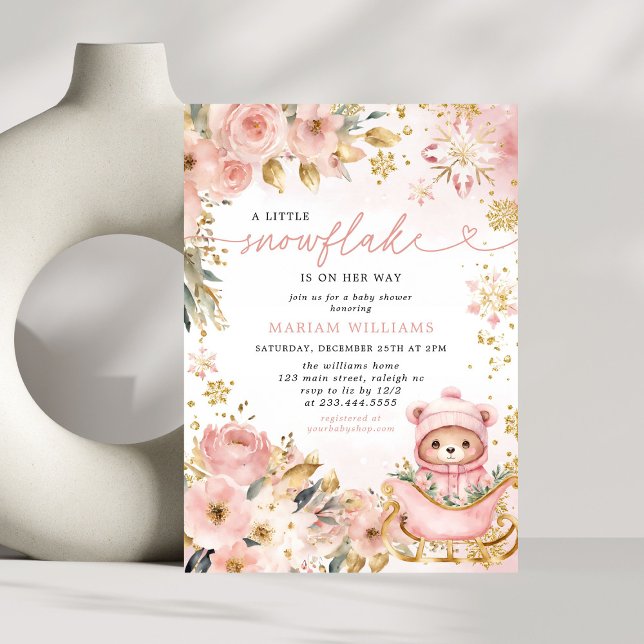Little Snowflake Rosa Blommigt Bear Baby Shower Inbjudningar (Skapare uppladdad)