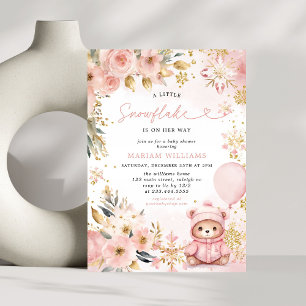 Little Snowflake Rosa Blommigt Bear Baby Shower Inbjudningar