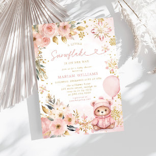 Little Snowflake Rosa Blommigt Bear Baby Shower Inbjudningar
