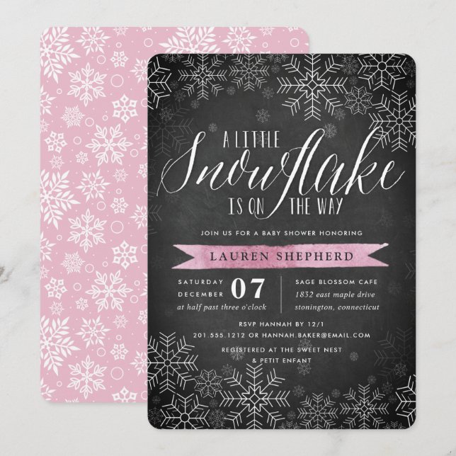 Little Snowflake Rosa Chalkboard Baby Shower Inbjudningar (Fram/baksida)