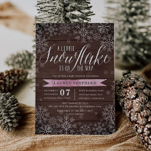 Little Snowflake Rosa Rustic Wood Baby Shower Inbjudningar