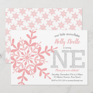 Little Snowflake Rosa Silver Glitter 1:a födelseda Inbjudningar