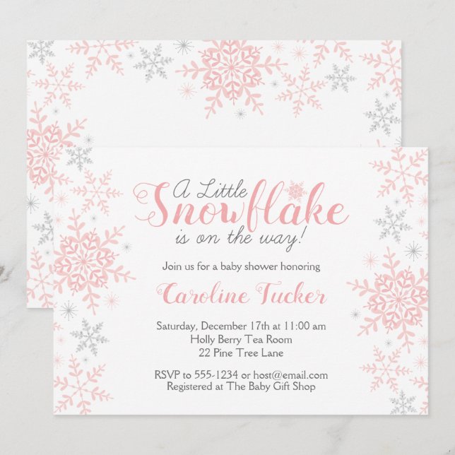 Little Snowflake Rosa Silver Glitter Baby Shower Inbjudningar (Fram/baksida)