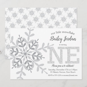 Little Snowflake Silver Glitter 1:a födelsedag Inbjudningar
