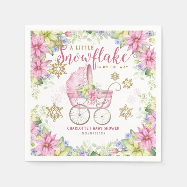 Little Snowflake Winter Blommigt Rosa Baby Shower Pappersservett (Framsidan)