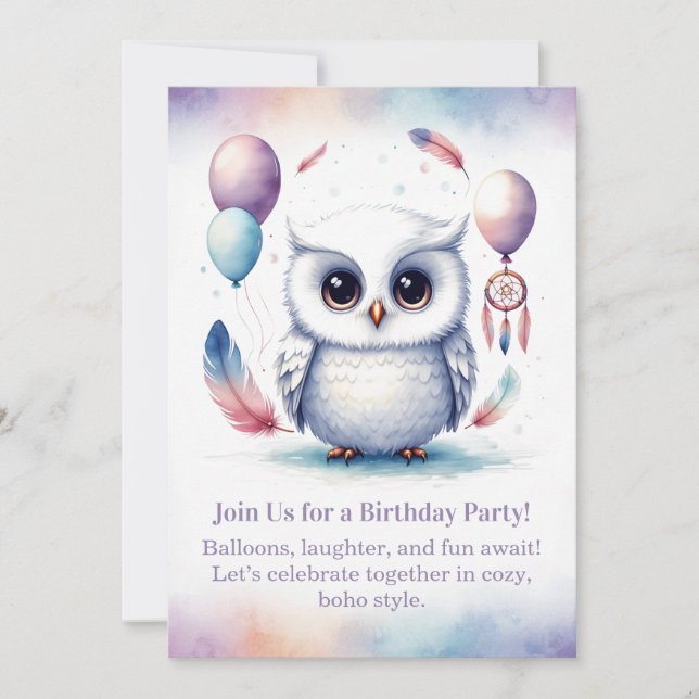 Little Snowy Owl Birthday Invitation Boho  Inbjudningar (Framsida)