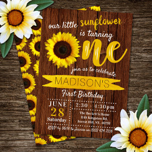 Little Solros Rustic Wood 1st Birthday Inbjudningar