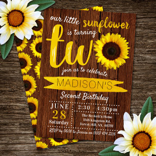 Little Solros Rustic Wood 2nd Birthday Inbjudningar