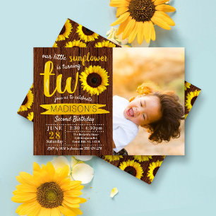 Little Solros Rustic Wood 2nd Birthday Photo Inbjudningar