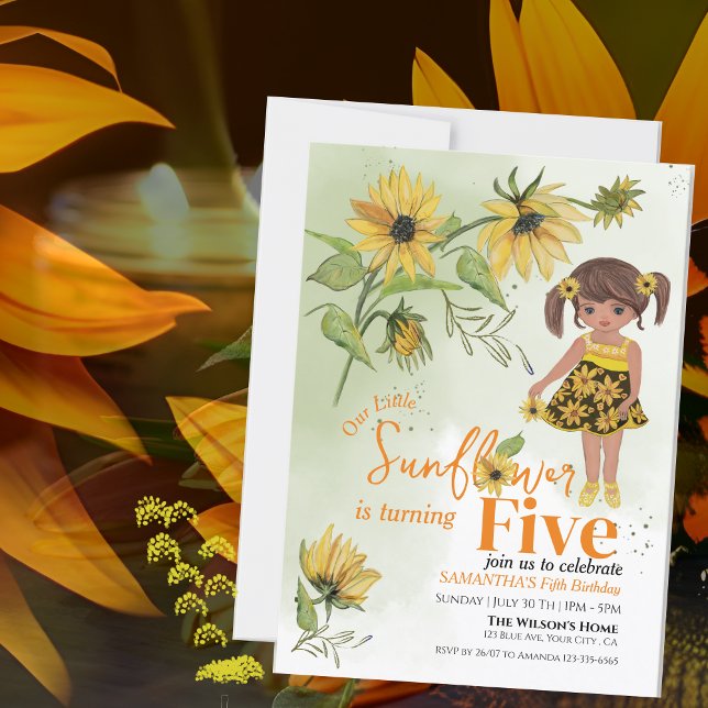 Little Solros Watercolor Femte tjejen Birthday Inbjudningar (Little Sunflower Watercolor Fifth Girl Birthday Invitation)
