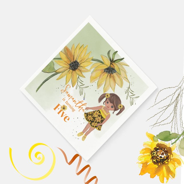 Little Solros Watercolor Femte tjejen Birthday Pappersservett (Little Sunflower Watercolor Fifth Girl Birthday Napkins)