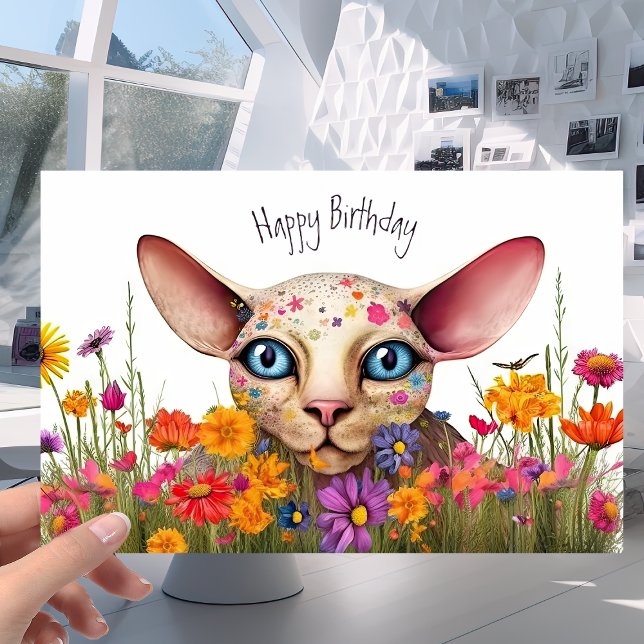 Little Sphynx Cat in Flower Meadow - Birthday Kort (Skapare uppladdad)