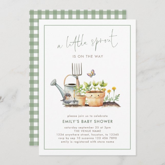 Little Sprout Border Sage Gingham Baby Shower  Inbjudningar (Fram/baksida)