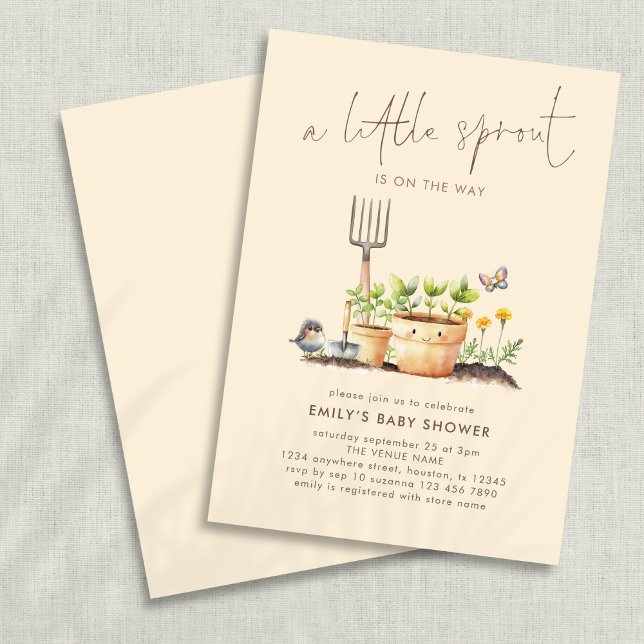 Little Sprout Garden Beige Baby Shower Inbjudningar (Frotn and back view)