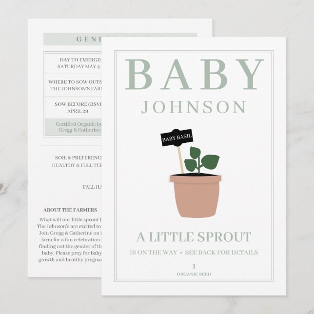 Little Sprout Seed Packet Gender Reveal Inbjudan (Fram/baksida)