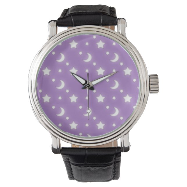 Little Stars och Måne Lila Background Mönster Armbandsur (Framsida)