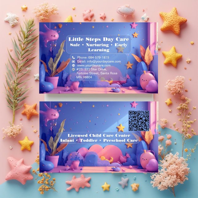 Little Steps Day Care QR Code Pastel Pink Violet Visitkort (Little Steps Day Care QR Code Pastel Pink Violet Business Card)