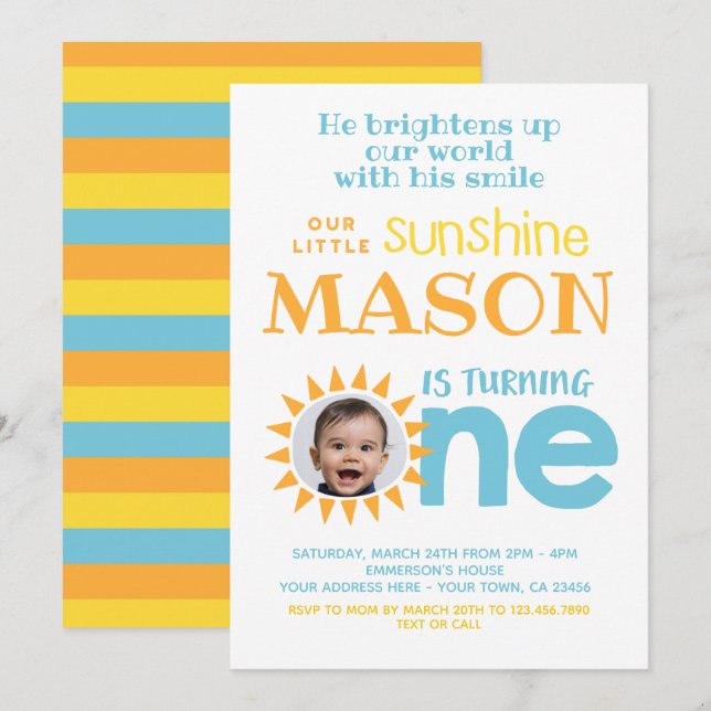 Little Sunshine 1st Birthday med Photo Inbjudningar (Fram/baksida)