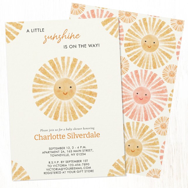 Little Sunshine Baby Shower-inbjudan Inbjudningar (Little Sunshine watercolor baby shower invitation with custom text )