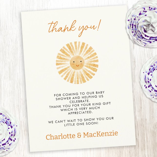 Little Sunshine Baby Shower Tack Vykort (Little ray of sunshine custom text baby shower thank you postcard)