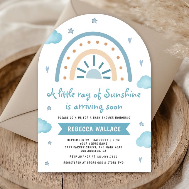 Little Sunshine Blue Boho Rainbow Arch Baby Shower Inbjudningar (Skapare uppladdad)