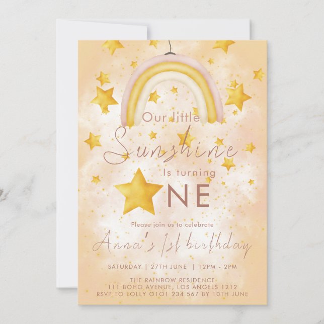 Little Sunshine Boho Rainbow Guld Star Birthday Inbjudningar (Framsida)
