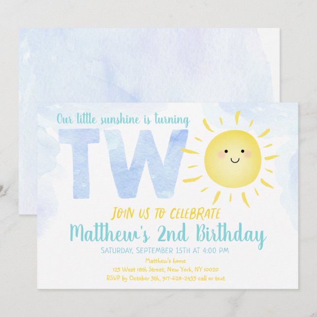 Little Sunshine Boy Second Birthday Inbjudningar (Fram/baksida)