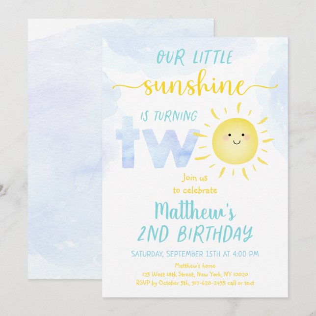 Little Sunshine Boy Second Birthday Inbjudningar (Fram/baksida)