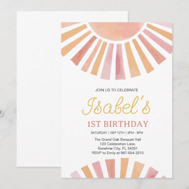 Little Sunshine Första födelsedagen,Sunshine 1st B Inbjudningar (Fram/baksida)