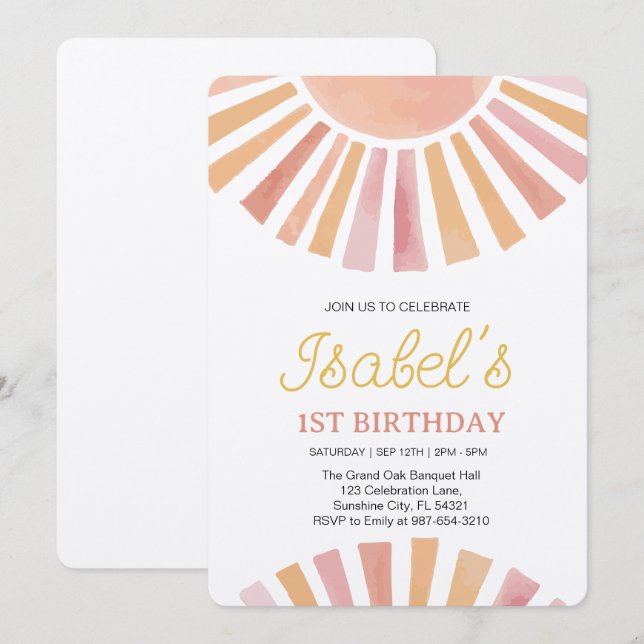 Little Sunshine Första födelsedagen,Sunshine 1st B Inbjudningar (Fram/baksida)