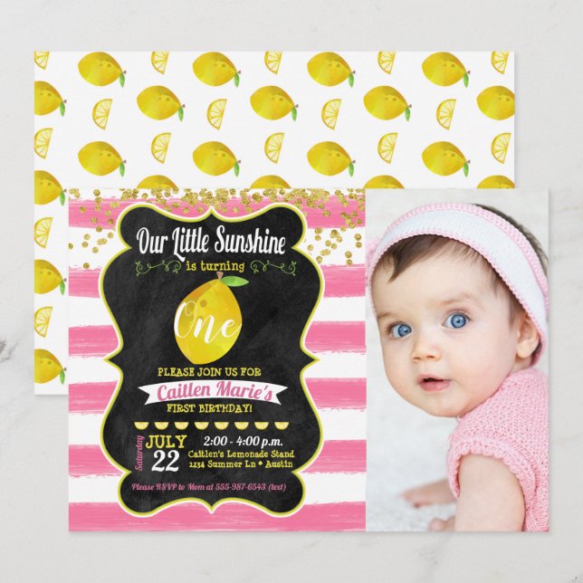 Little Sunshine Lemon Birthday Photo Inbjudningar (Fram/baksida)