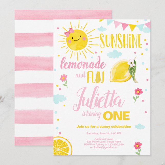 Little Sunshine Lemonade Rosa Girl Birthday Inbjudningar (Fram/baksida)