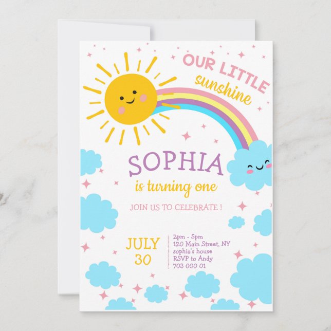 Little Sunshine ONE Rainbow Girl 1st Birthday Cute Inbjudningar (Framsida)