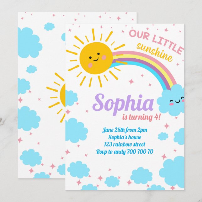 Little Sunshine Rainbow Clouds Rosa Sol Birthday Inbjudningar (Fram/baksida)