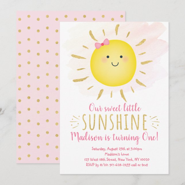 Little Sunshine Rosa & Guld Birthday Inbjudningar (Fram/baksida)
