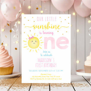Little Sunshine Rosa Guld Första födelsedagen Inbjudningar