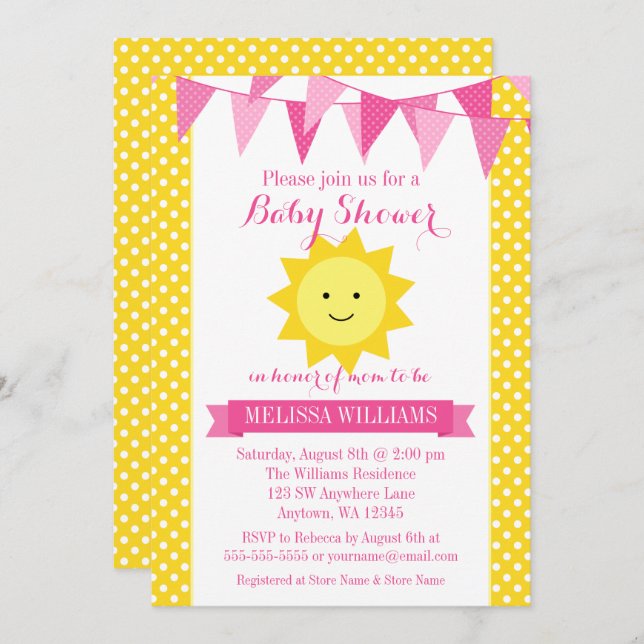 Little Sunshine Rosa Gult Bunting Baby Shower Inbjudningar (Fram/baksida)