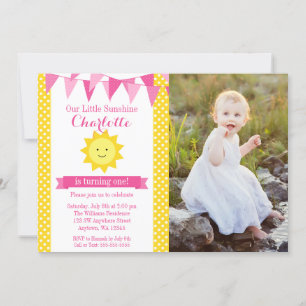 Little Sunshine Rosa Gult Bunting Birthday Photo Inbjudningar