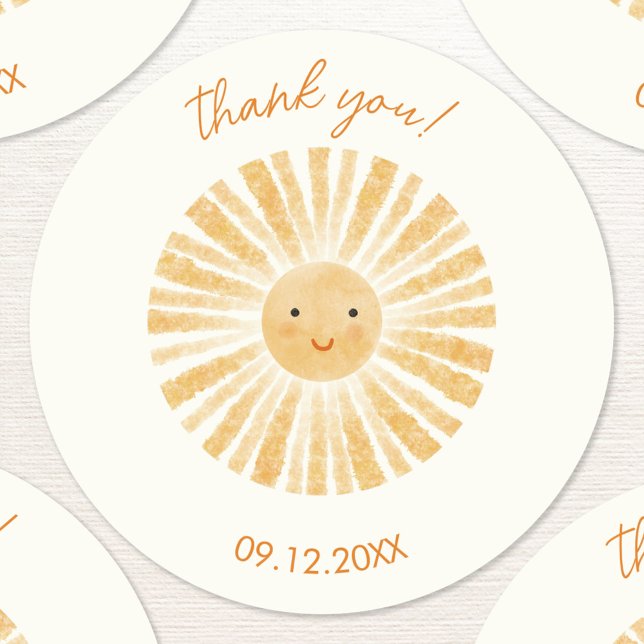 Little Sunshine Tack Runt Klistermärke (Personalized date thank you sticker with watercolor sunshine)