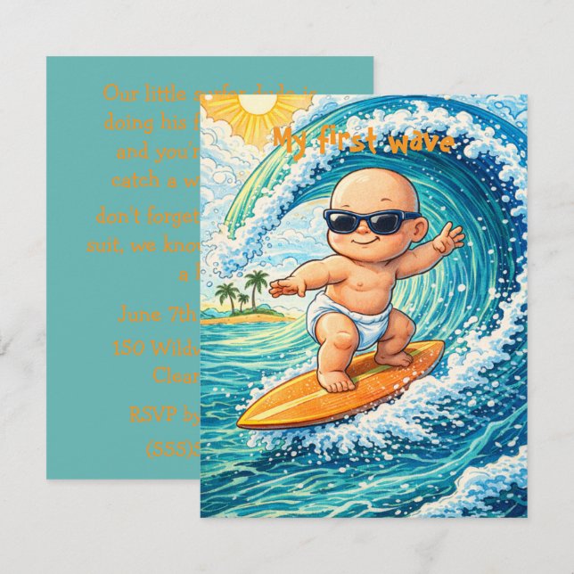 Little Surfer Dude-fest digital nedladdning  Inbjudningar (Fram/baksida)