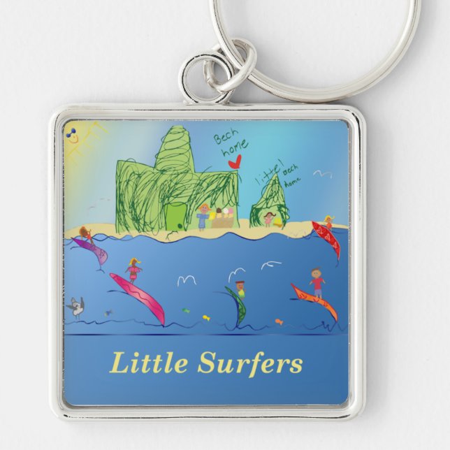 Little Surfers Keychain Fyrkantig Silverfärgad Nyckelring (Framsidan)