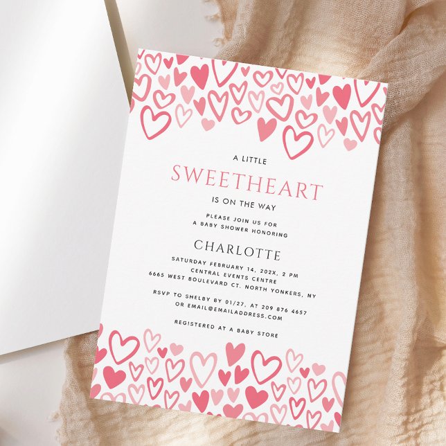 Little SweBaby Rosa Hearts Girl Baby Shower Inbjudningar (A Little Sweetheart Pink Hearts Valentines Girl Baby Shower Invitation)