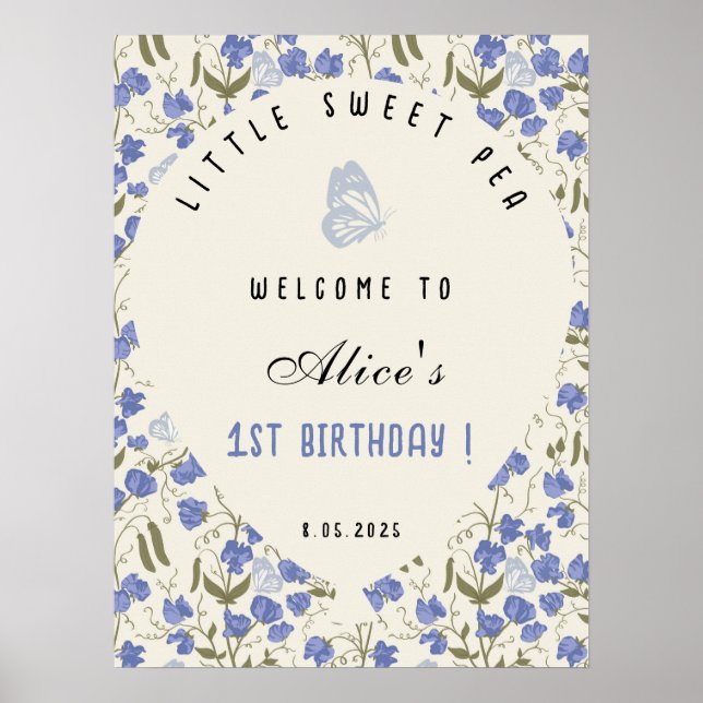 Little Sweet Pea Blue och Cream 1st Birthday Poster (Framsidan)