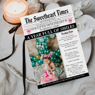 Little Sweetheart Bow First 1st Birthday photo Inbjudningar