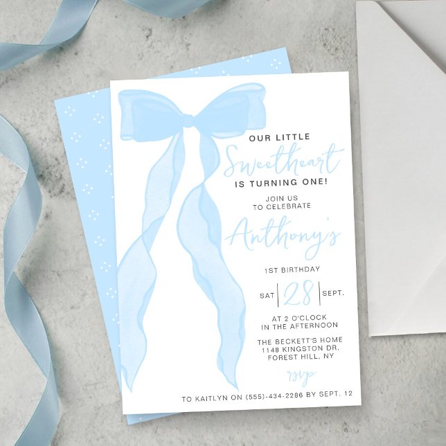 Little Sweetheart Elegant Blue Bow Birthday Party Inbjudningar (Skapare uppladdad)